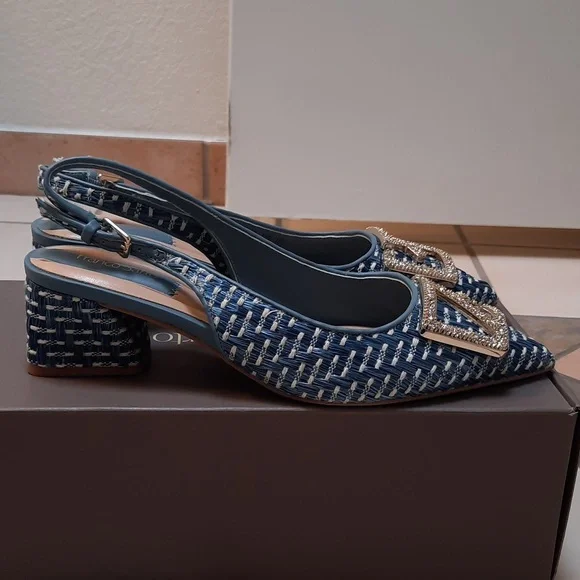 Franco Sarto Textured Blue Slingback Heels Sz 6.5 - Picture 5 of 9